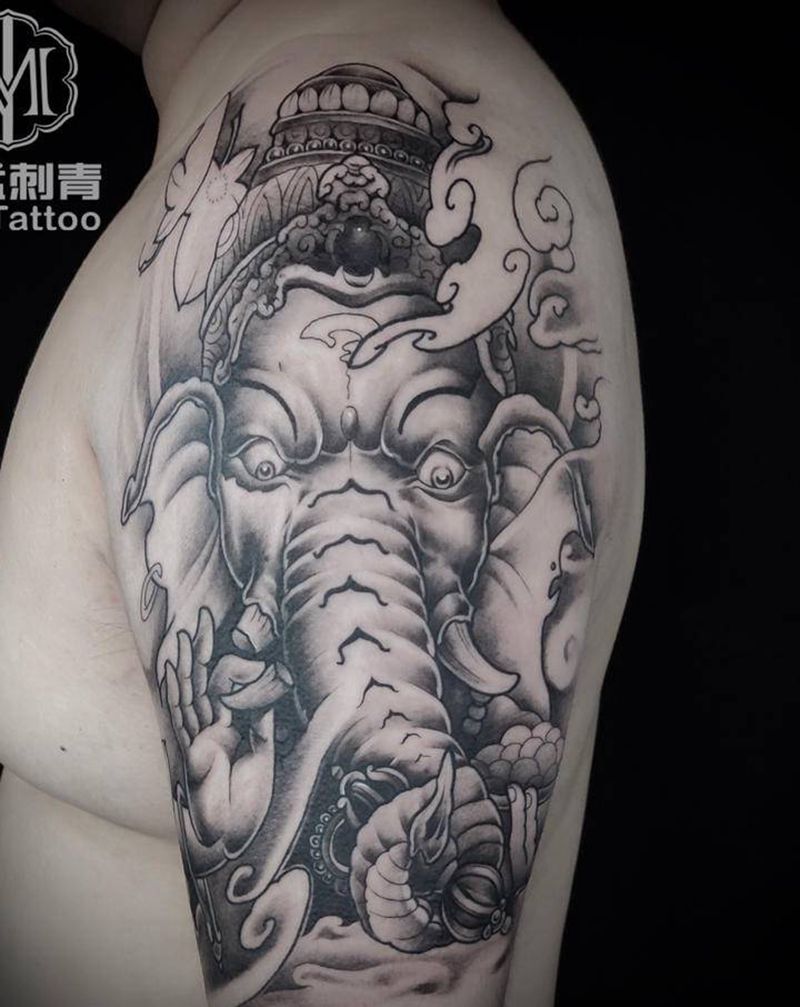 象神纹身图片_手臂新传统纹身图案