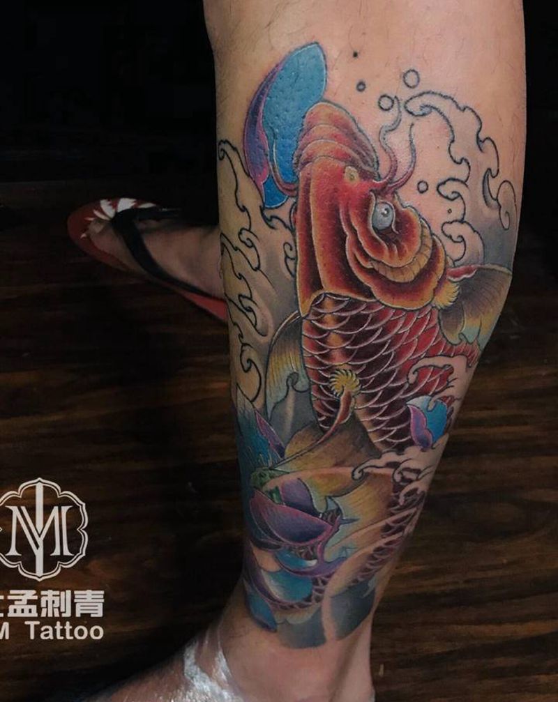 彩色鲤鱼纹身图片_腿部新传统纹身图案