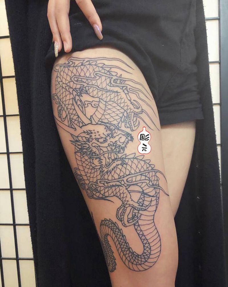 日式老传统女生大腿龙纹身纹身图片_老传统纹身图案