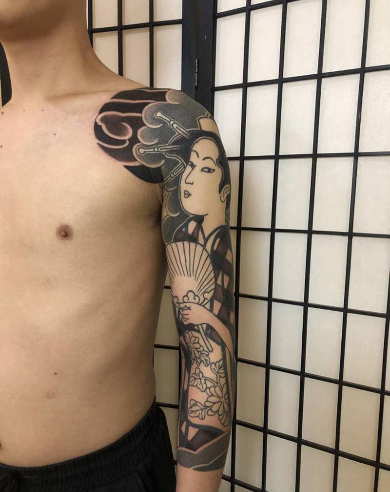 老传统七分臂（艺妓）纹身图片_手臂老传统纹身图案