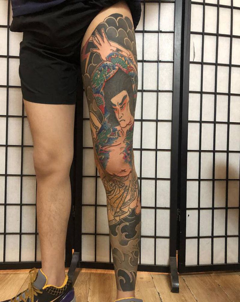 花腿九纹龙史进纹身图片_腿部老传统纹身图案