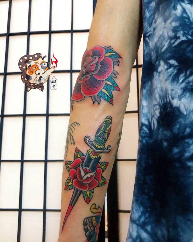 欧美小图拼花臂纹身图片_手臂Old School纹身图案