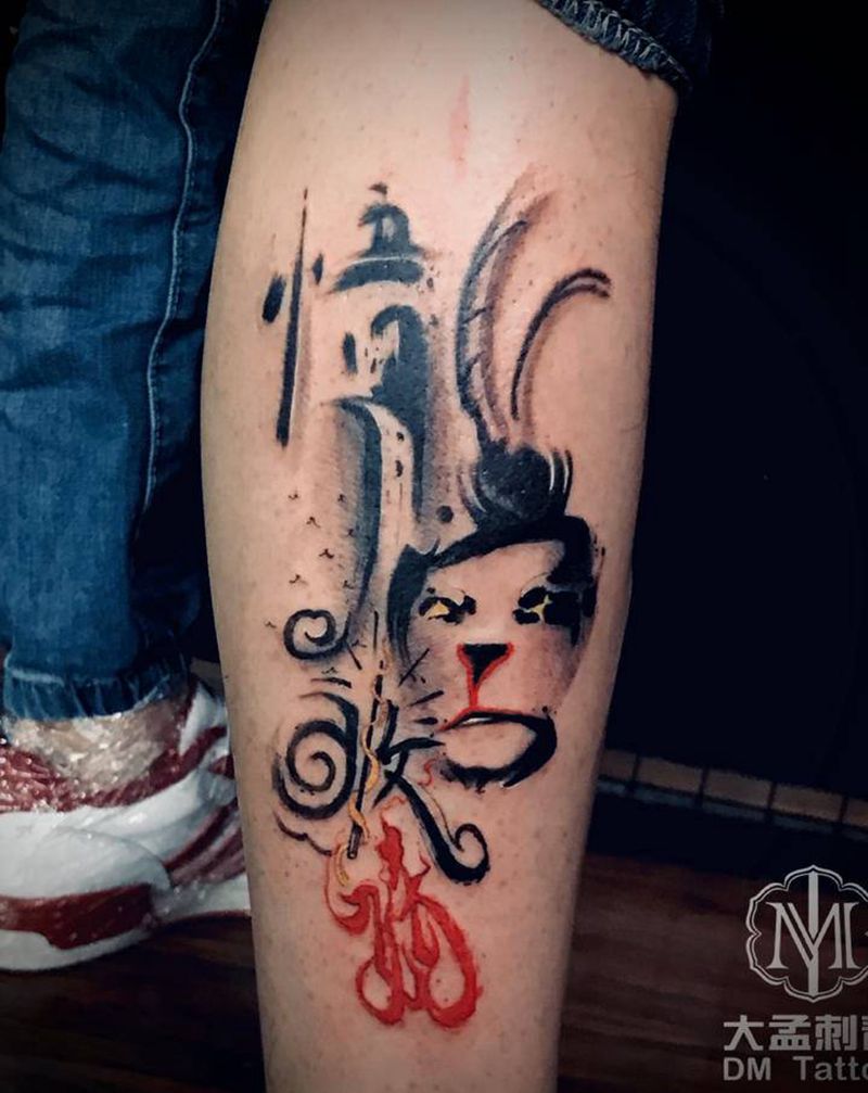 悟空收妖纹身图片_腿部水墨纹身图案