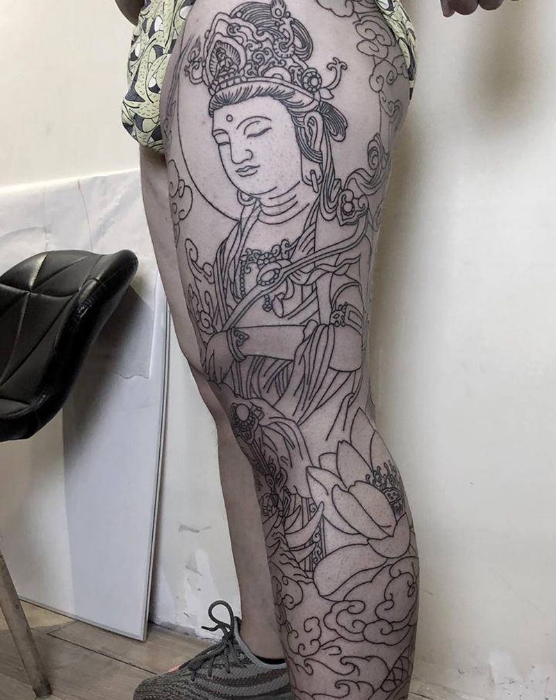 花腿普贤菩萨纹身图片_腿部新传统纹身图案