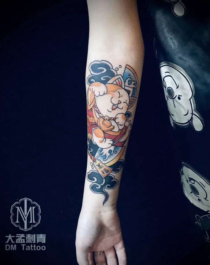 招财猫纹身图片_手臂Old School纹身图案