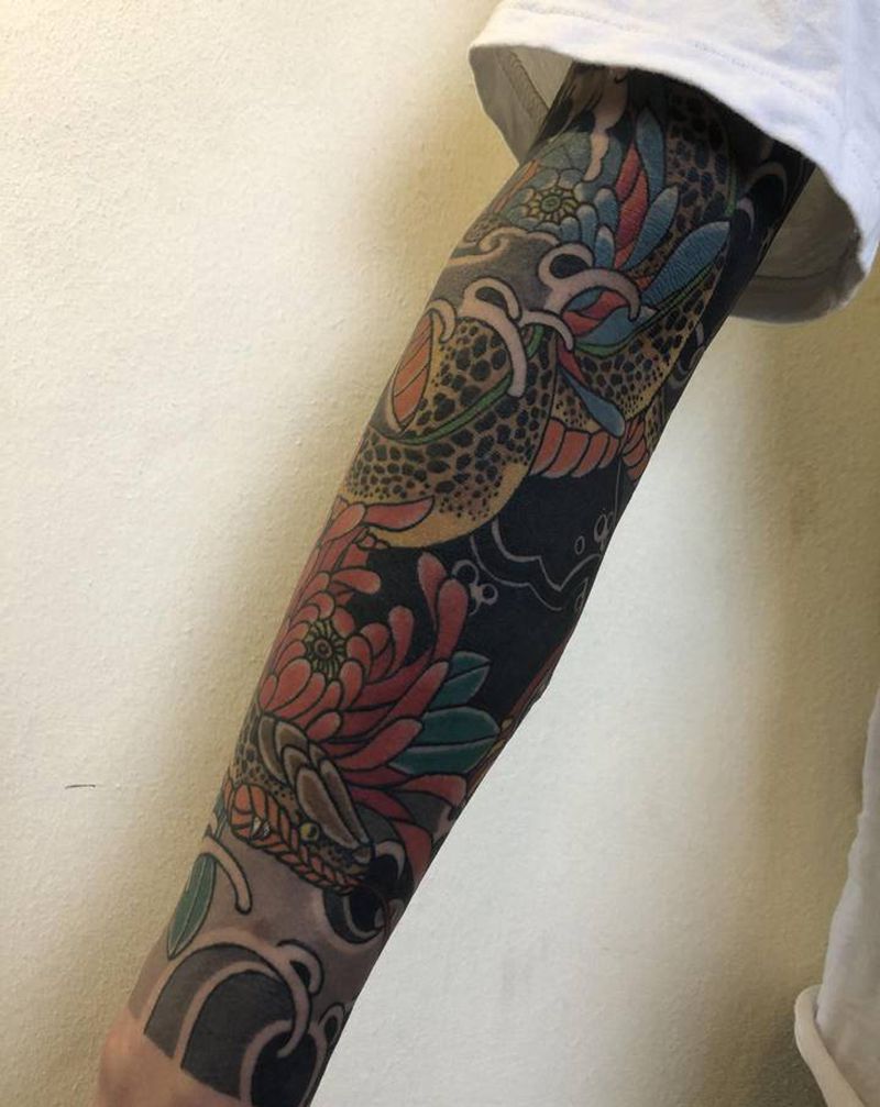 日式老传统花臂纹身图片_手臂老传统纹身图案