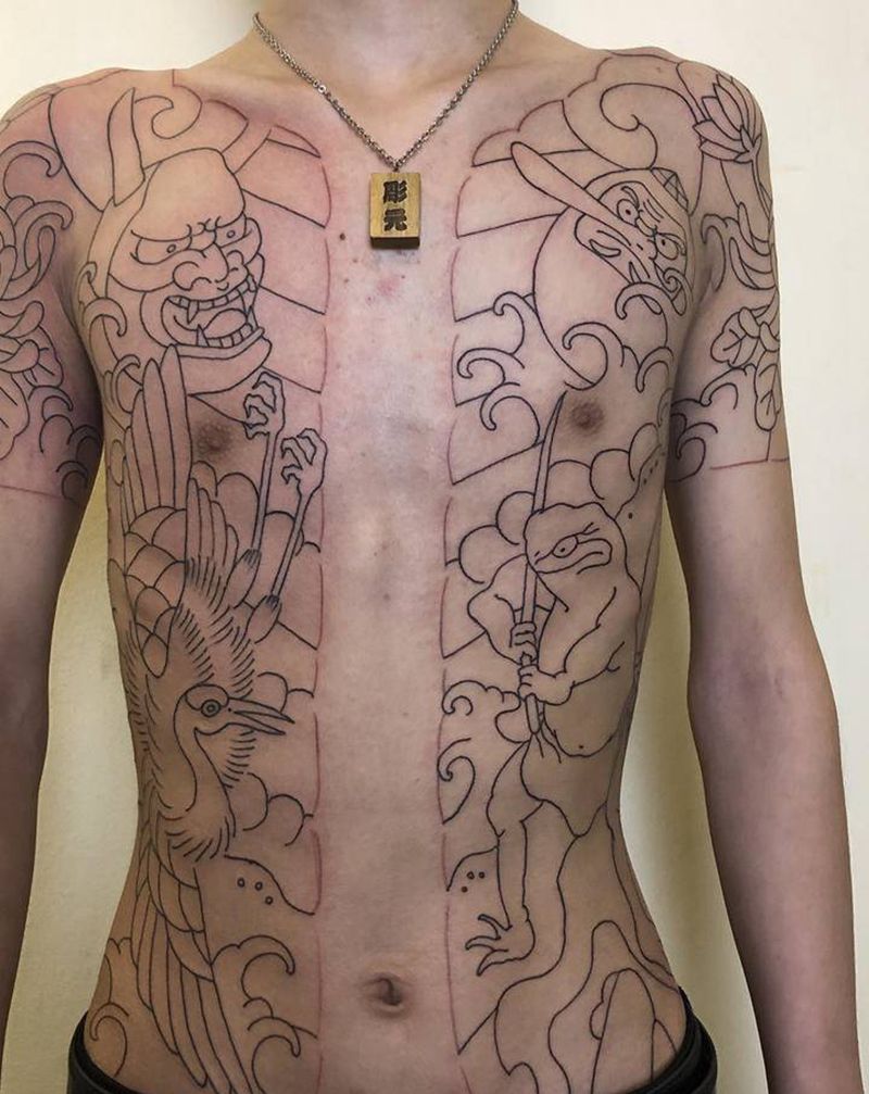 日式老传统开衫纹身图片_腹部胸部老传统纹身图案