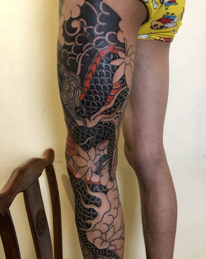 老传统花腿龙纹身图片_腿部老传统纹身图案