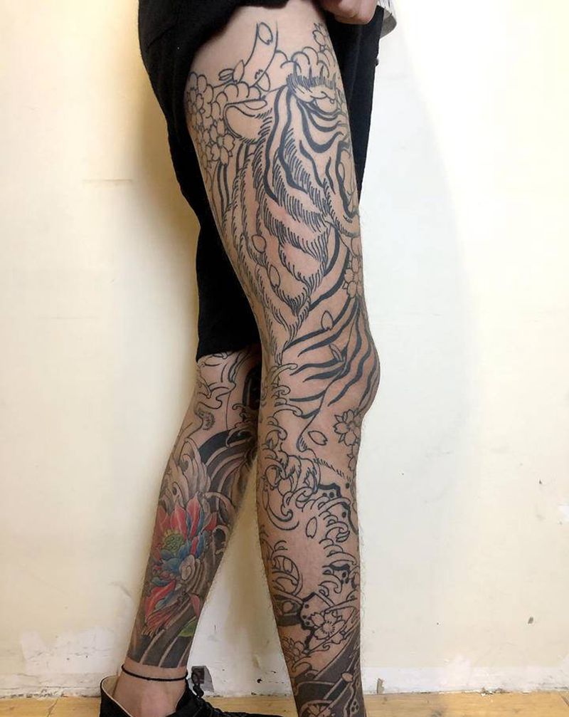 其实老传统花腿未完纹身图片_腿部老传统纹身图案