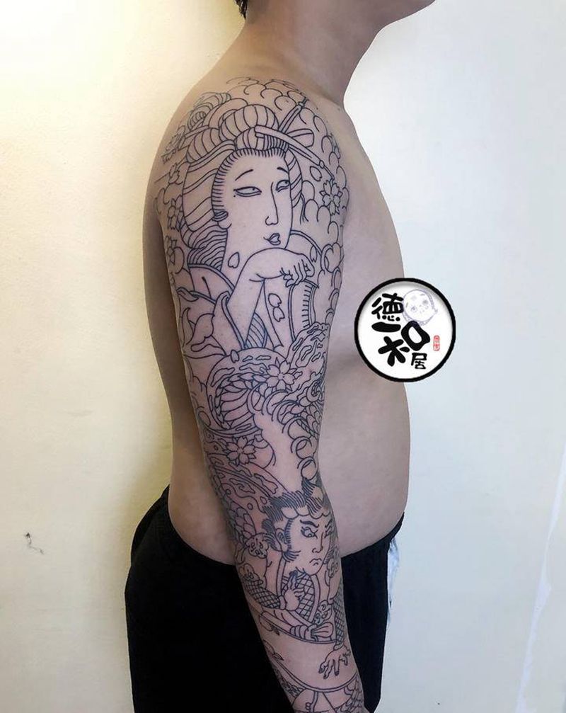 老传统花臂纹身图片_手臂老传统纹身图案