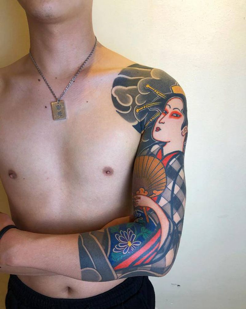 七分臂艺妓纹身图片_手臂老传统新传统纹身图案