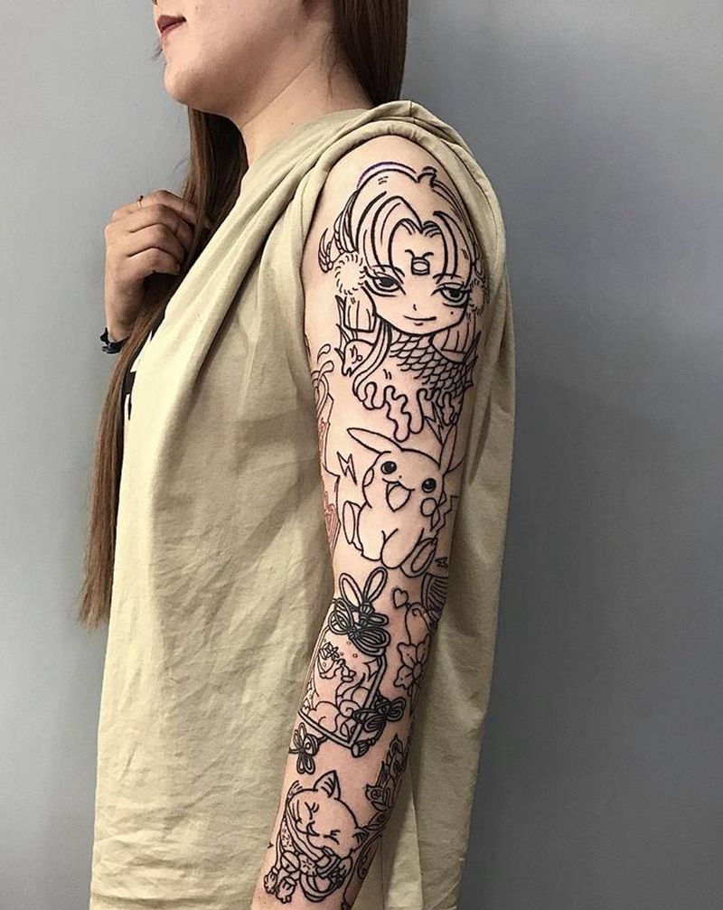 school风格拼接花臂纹身图片_手臂Old School纹身图案