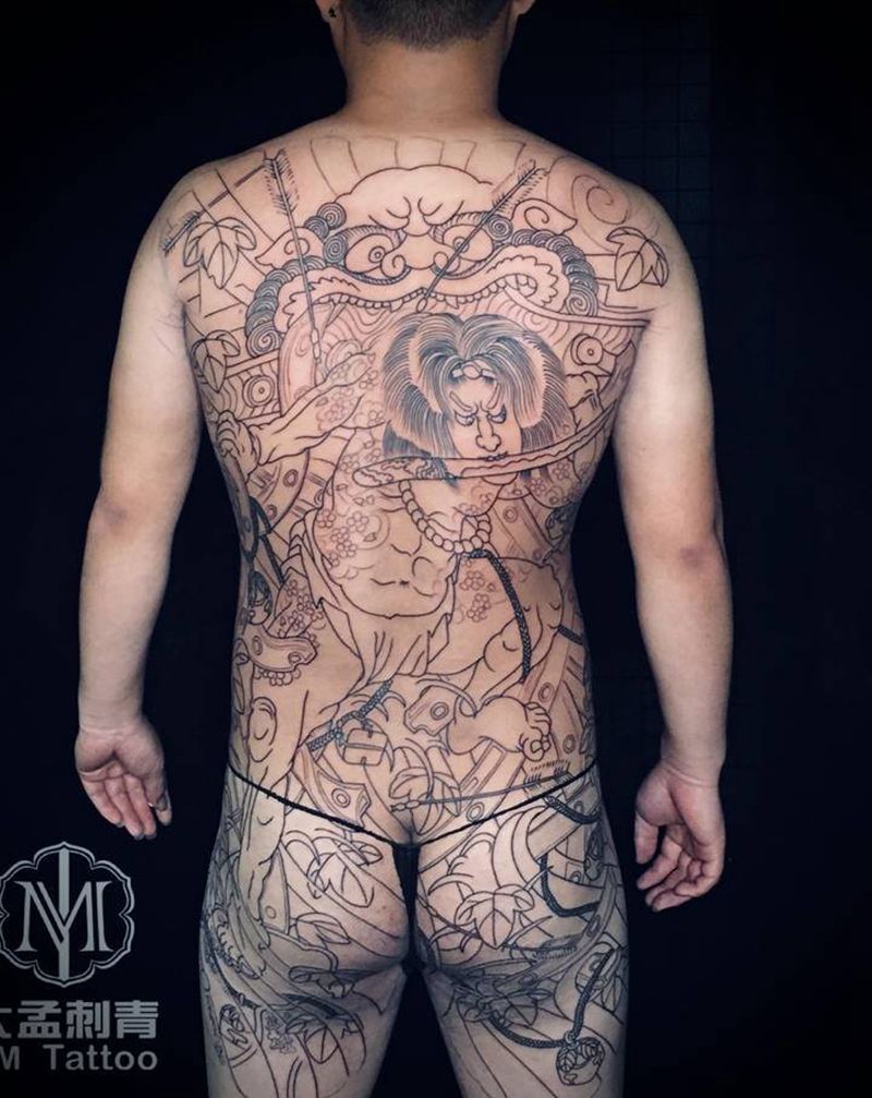 张顺破水门纹身图片_背部老传统纹身图案