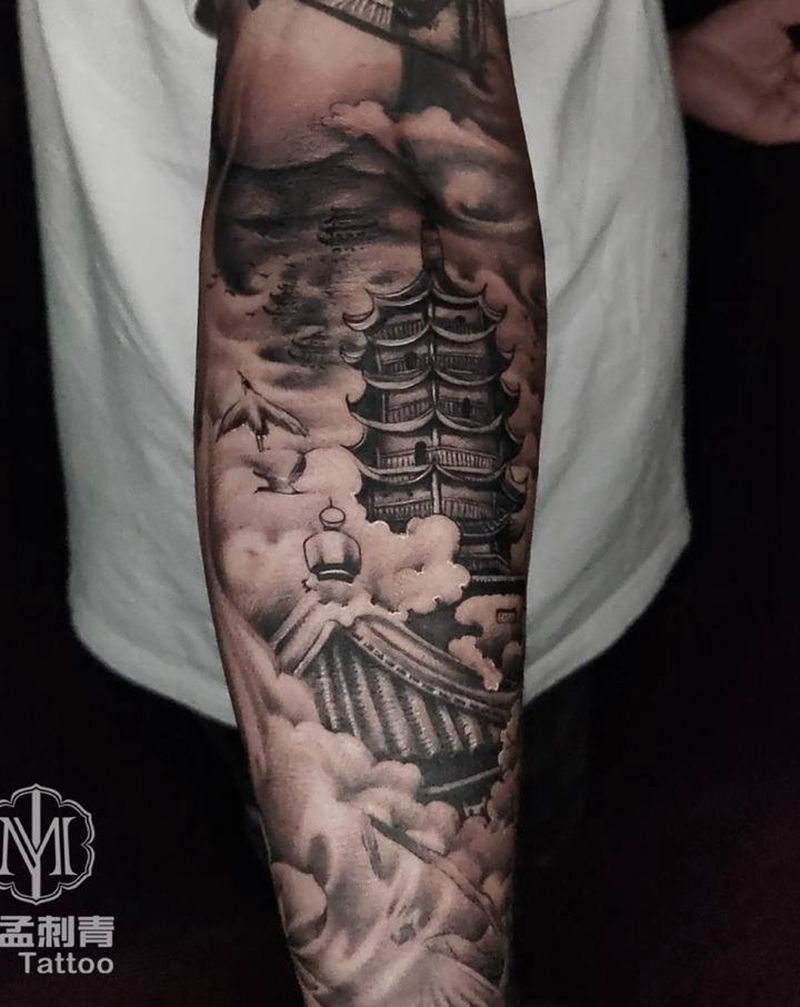 亭子纹身图片_手臂新传统纹身图案