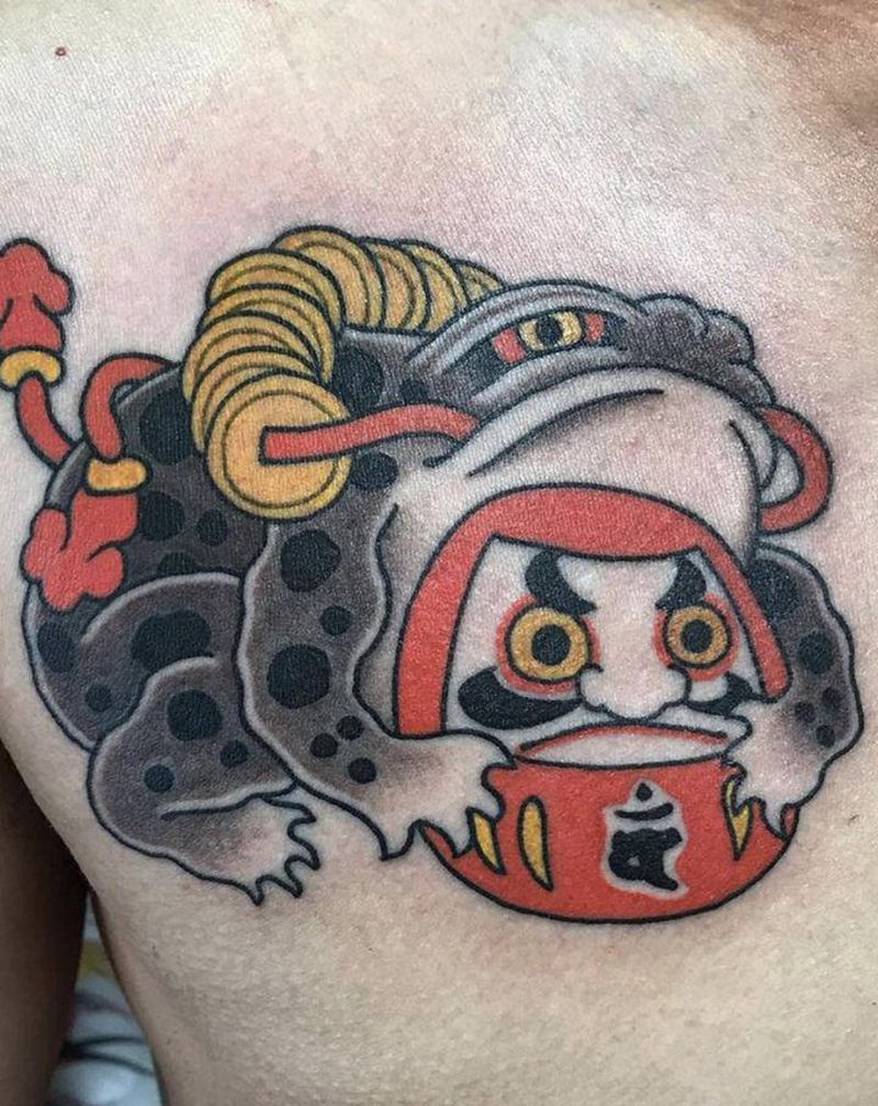 日式招财蛙抱达摩蛋纹身图片_老传统纹身图案