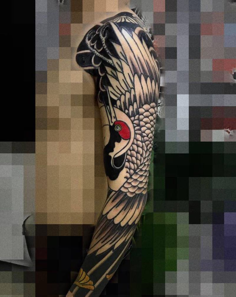 仙鹤花臂纹身图片_手臂老传统纹身图案