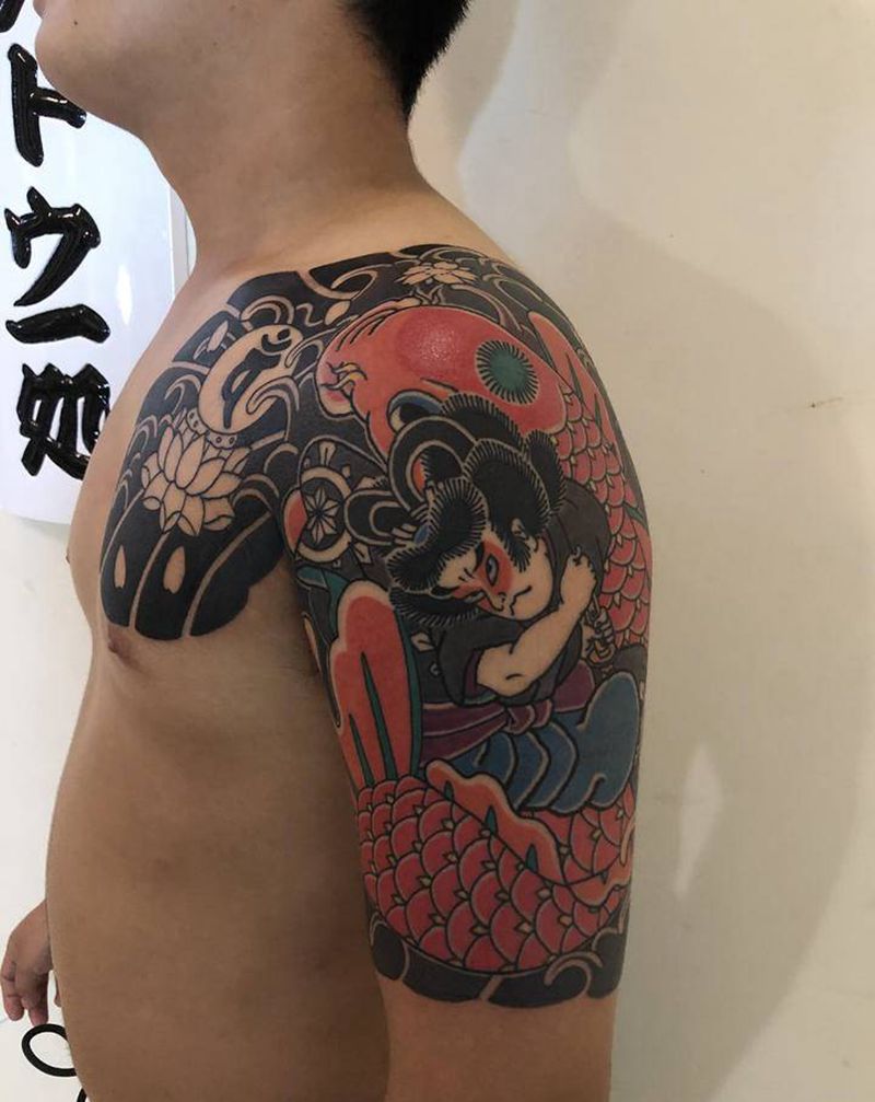 老传统半甲纹身图片_手臂胸部老传统纹身图案