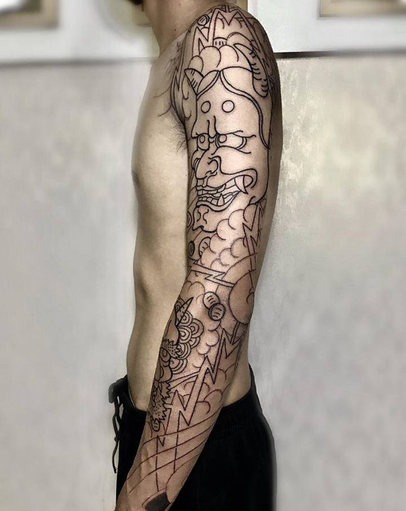 般若鬼怪线条完成、下次打雾纹身图片_手臂老传统纹身图案