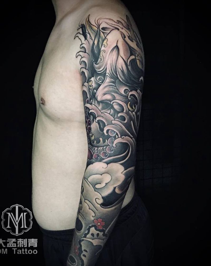 般若花臂纹身图片_手臂新传统纹身图案