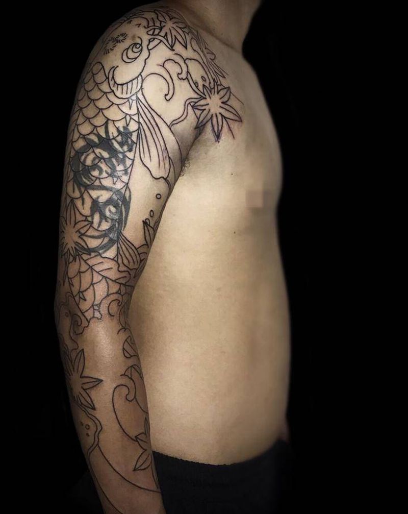 花臂鱼遮盖图腾纹身图片_手臂老传统纹身图案