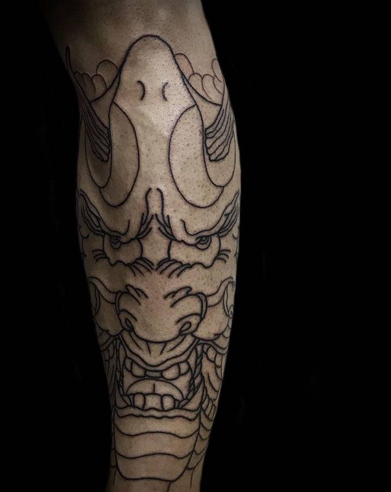 三面般若牡丹纹身图片_腿部老传统纹身图案