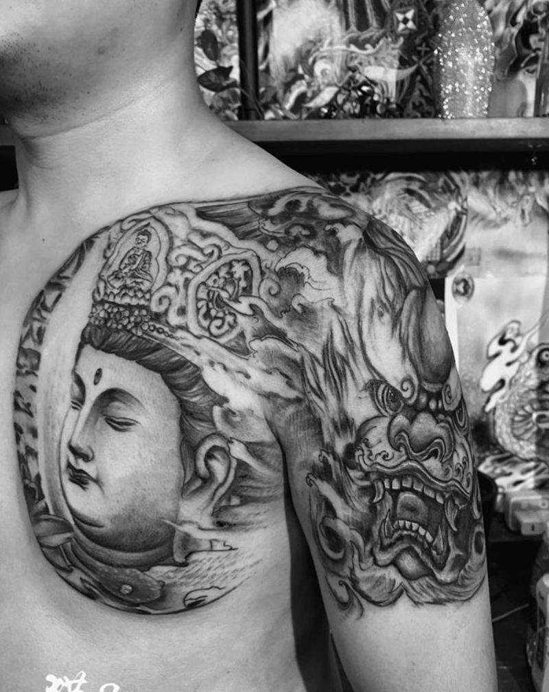 文殊菩萨纹身图片_胸部肩部新传统老传统唐狮文殊菩萨佛纹身图案