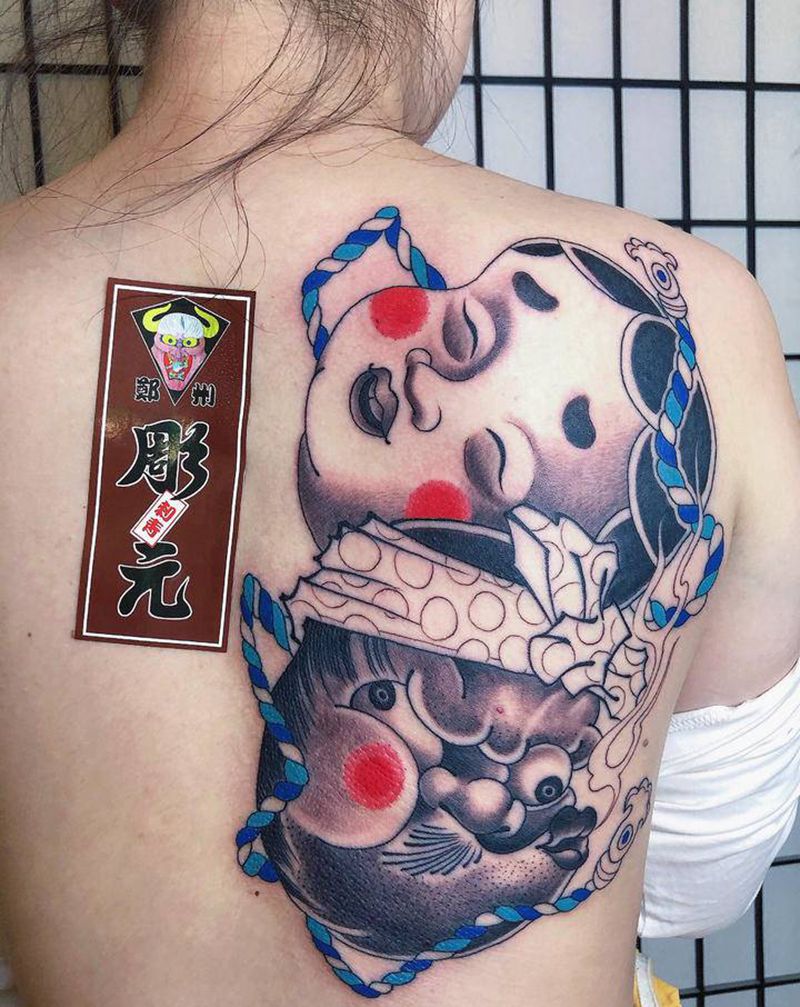 火男阿多福纹身图片_背部老传统纹身图案