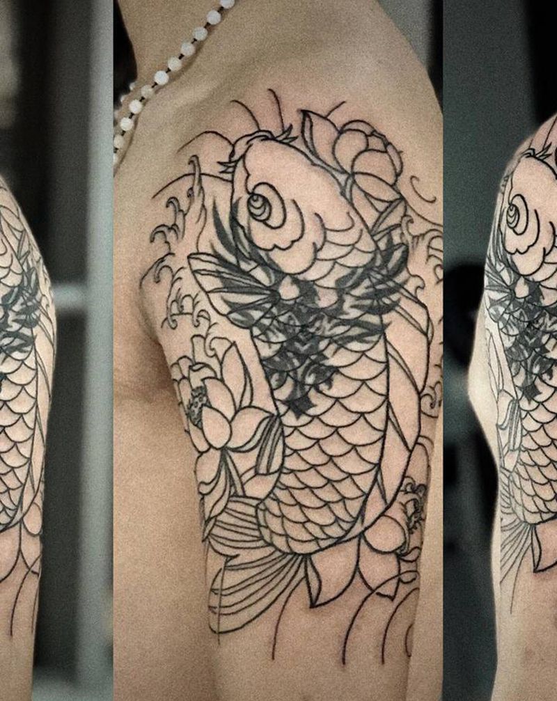 暴力遮盖！荷花鱼纹身图片_手臂老传统纹身图案