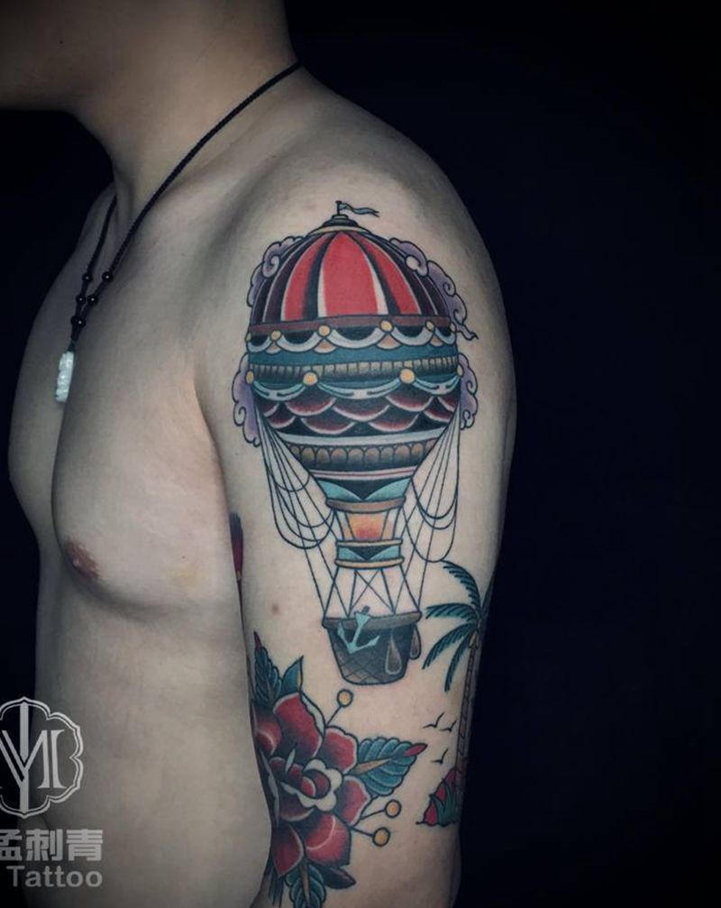 school热气球纹身图片_手臂Old School纹身图案