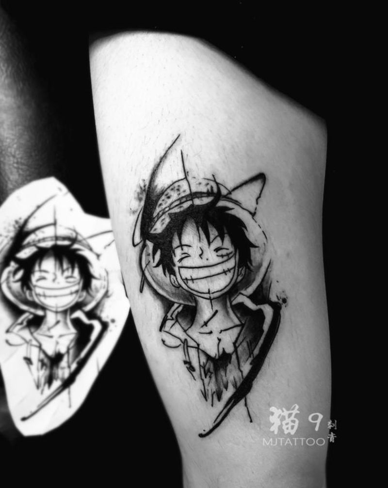 路飞纹身图片_腿部脚部图腾路飞海贼王大腿纹身图案