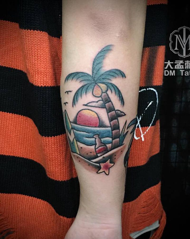 椰树纹身图片_手臂Old School纹身图案