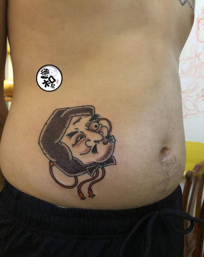 火男纹身图片_腹部老传统纹身图案