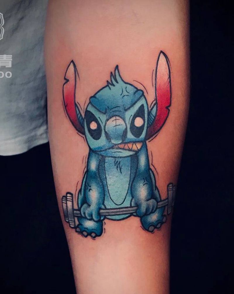 史迪仔举杠铃纹身图片_手臂Old School纹身图案