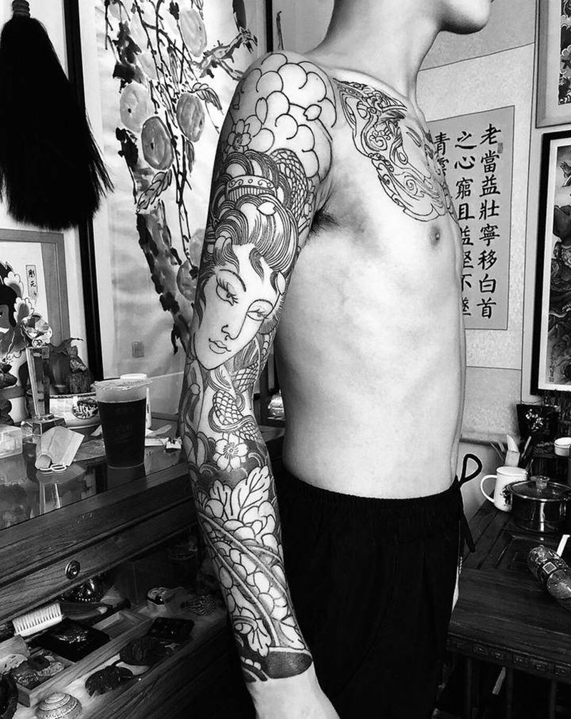 花臂纹身图片_手臂老传统纹身图案