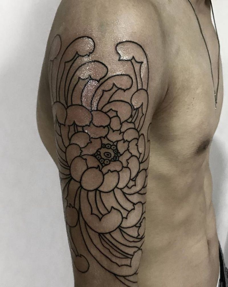 传统菊花线条纹身图片_手臂老传统纹身图案