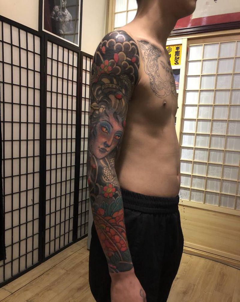 半成品花臂纹身图片_手臂老传统纹身图案