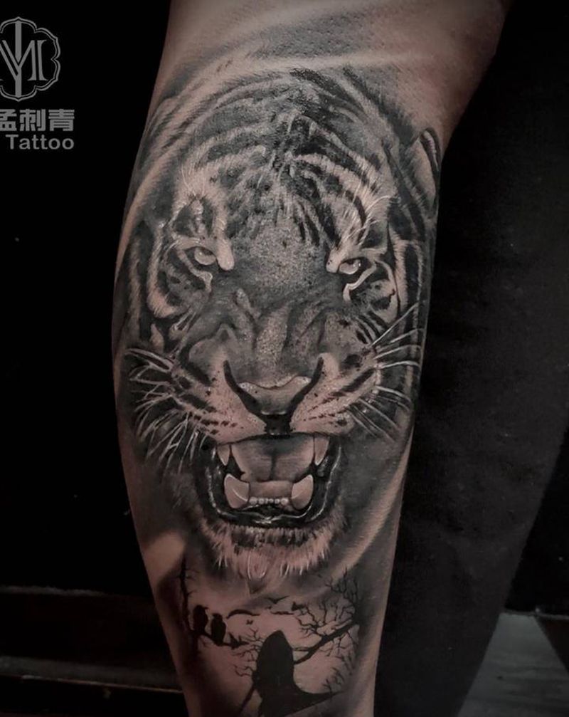 老虎纹身图片_腿部欧美写实纹身图案