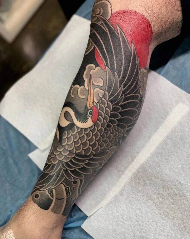 包小腿仙鹤纹身图片_腿部老传统纹身图案