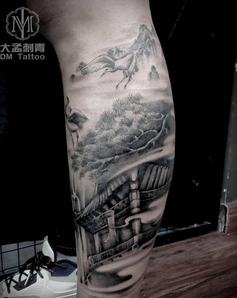 水墨山水画纹身图片_腿部水墨纹身图案