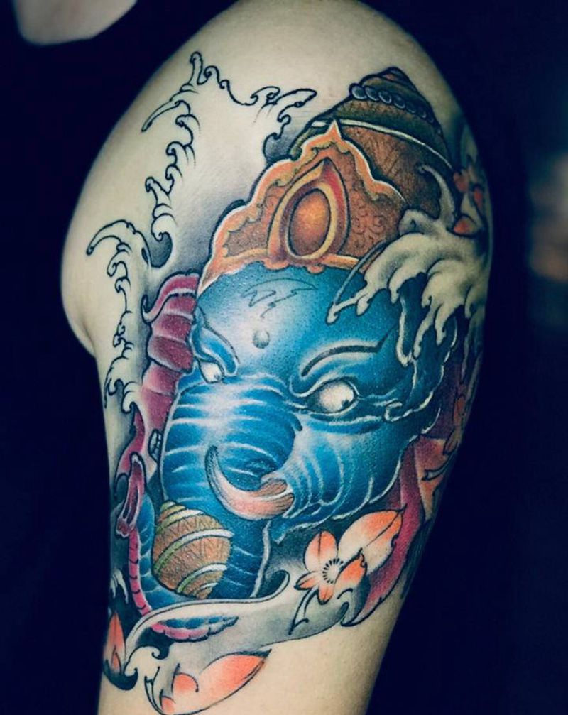 象神纹身图片_手臂新传统纹身图案