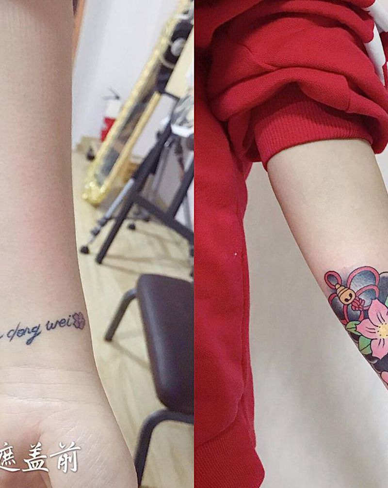 手腕樱花遮盖字母完成纹身图片_手臂老传统纹身图案