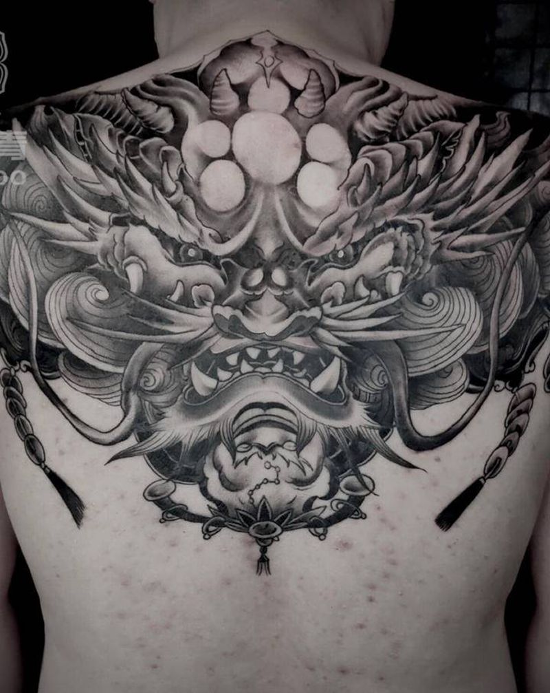 唐狮纹身图片_背部新传统纹身图案