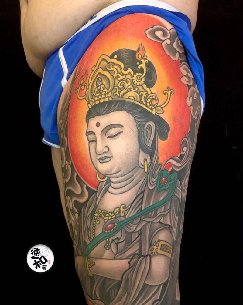普贤菩萨纹身图片_腿部新传统纹身图案