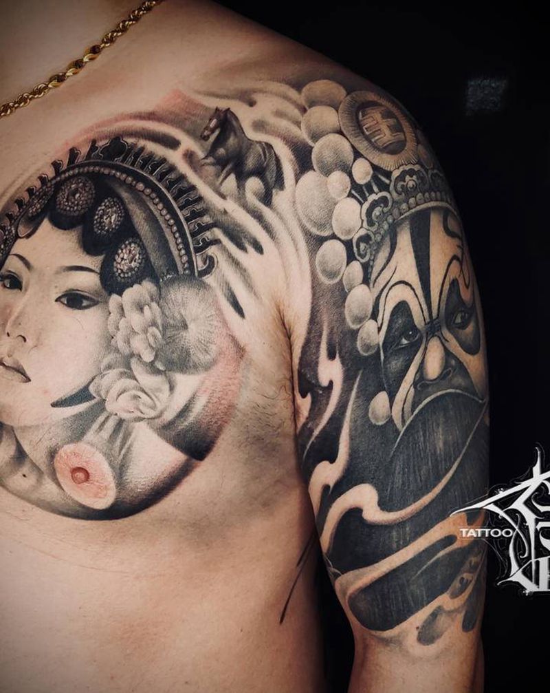 霸王别姬纹身图片_胸部手臂新传统纹身图案