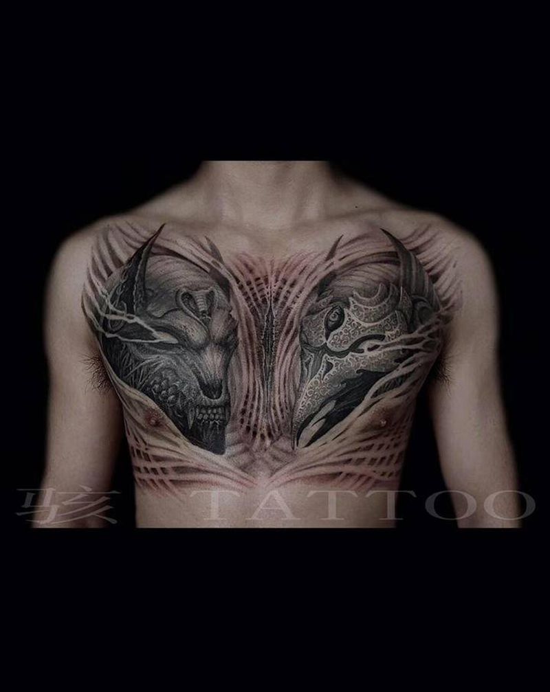 《权神》纹身图片_胸部欧美写实阿努比斯荷鲁斯埃及神话纹身图案