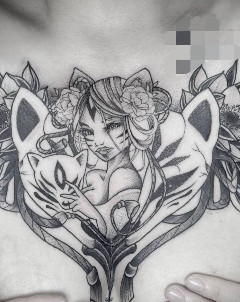 花胸纹身图片_胸部点刺纹身图案