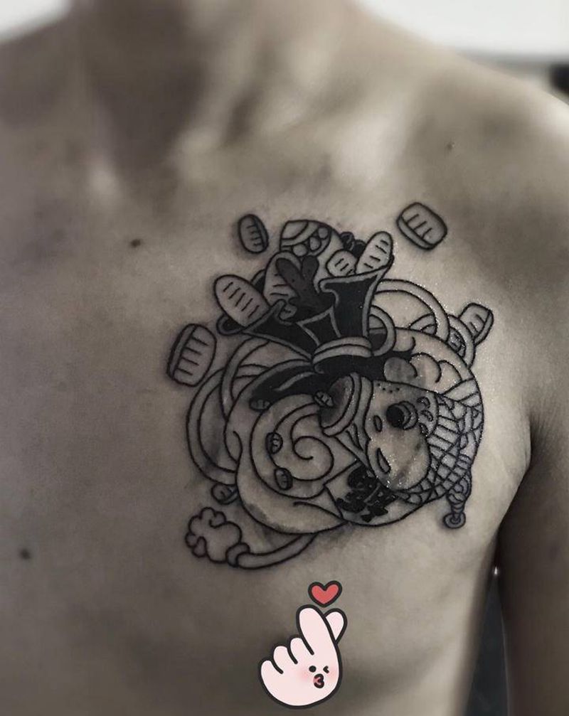 日式钱袋遮盖作品纹身图片_胸部老传统纹身图案