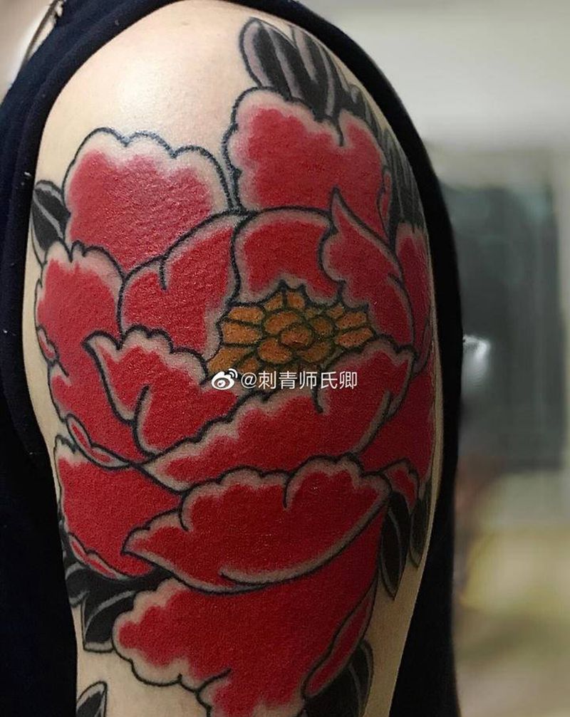 经典黑红配色牡丹完成纹身图片_手臂老传统纹身图案