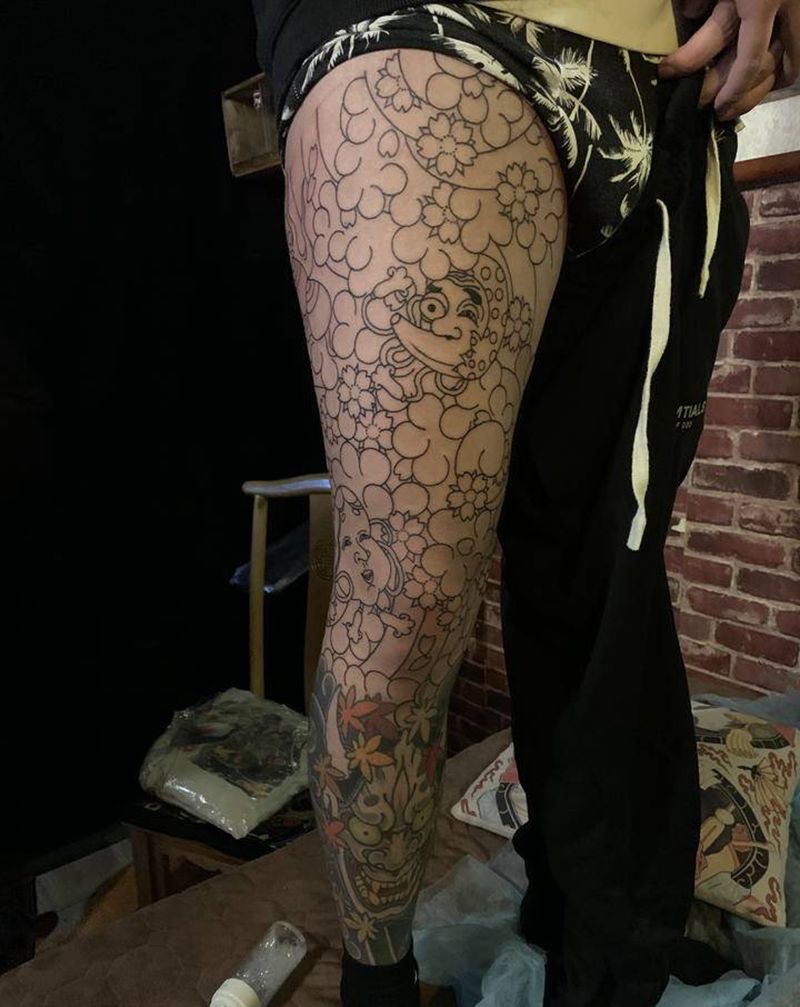 花腿纹身图片_腿部老传统纹身图案