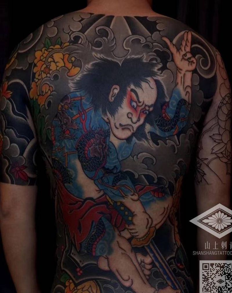 张顺切浪纹身图片_背部老传统日式纹身图案